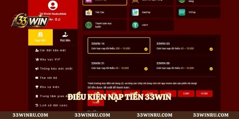 Điều kiện nạp tiền 33WIN